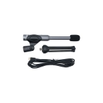 Pełny zestaw miniDSP UMIK-1: mikrofon, statyw tripod, kabel USB, gąbka przeciwwietrzna i uchwyt montażowy.