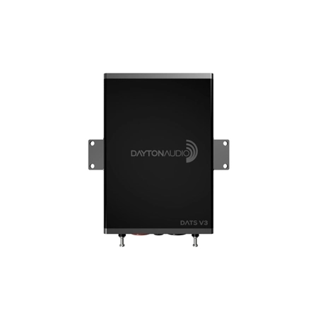 Górny panel urządzenia Dayton Audio DATS V3 z wyraźnym laserowym grawerowaniem logo producenta i nazwy modelu na czarnej obudowie.