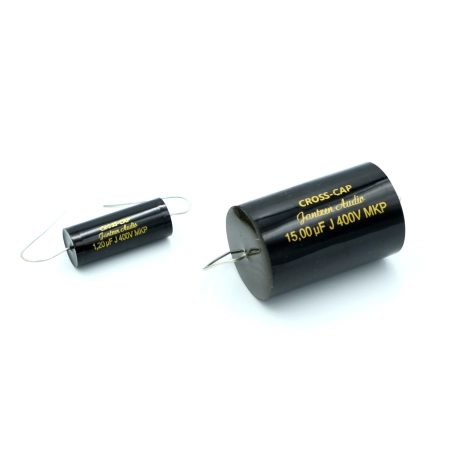 Czarny kondensator polipropylenowy Jantzen Audio Cross-Cap 1,2 uF vs 15 uf