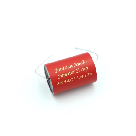 Czerwony kondensator Jantzen Audio Superior Z-Cap 3,30 uF 800VDC na białym tle.