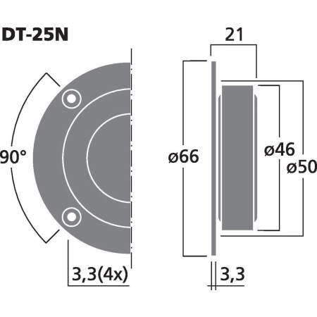 Rysunek techniczny i wymiary montażowe głośnika Monacor DT-25N