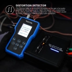 Wyświetlacz LCD testera Recoil MST-1 pokazujący listę funkcji: Generator Tonów, Detektor Zniekształceń i Tester Fazy.