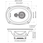Schemat techniczny i wymiary głośnika 6x9 Recoil RLX693: głębokość montażowa, średnica magnesu i rozstaw otworów
