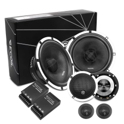 Widok na zestaw z pudełkiem głośników Recoil RD365 - woofer, średniotonowy, tweeter, zwrotnica.