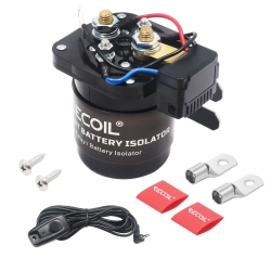 Kompletny system zarządzania energią Dual-Battery Recoil SRL200 – izolator, sterownik i akcesoria montażowe.