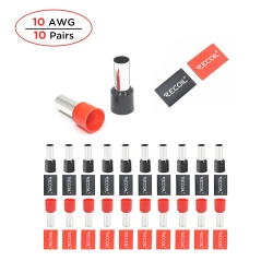 Pełny zestaw 20 izolowanych srebrzonych tulejek Recoil WF1020 10AWG z logowanymi termokurczami.