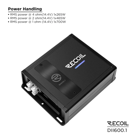 Panel regulacji wzmacniacza Recoil DII600.1: wejścia RCA, High Level, filtry LPF i Subsonic