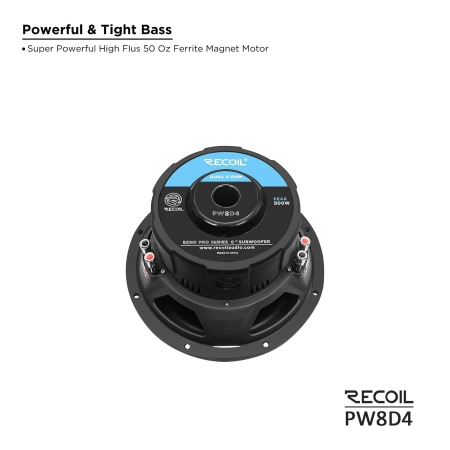 Podwójny magnes ferrytowy (Double Stacked) i system wentylacji karkasu cewki w subwooferze Recoil PW8D4.