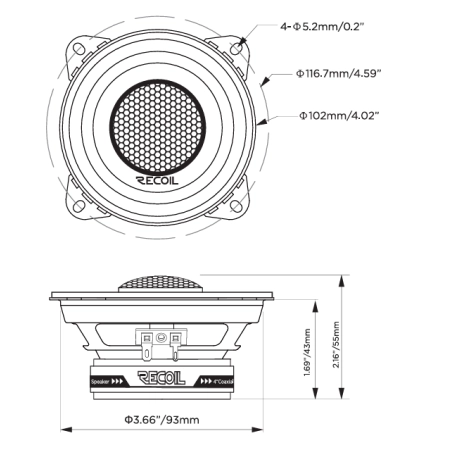 Rysunek techniczny Recoil RLX402 - wymiary montażowe 100 mm, głębokość 43 mm i średnica otworu 93 mm.