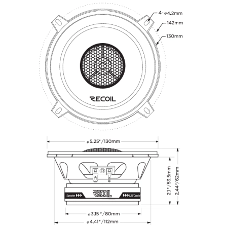 Rysunek techniczny z wymiarami głośnika Recoil RLX525 - średnica montażowa 115 mm i rozstaw śrub.