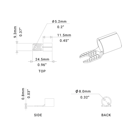 Specyfikacja techniczna i wymiary widełek Recoil ST408-20 dla kabla o przekroju 4AWG.